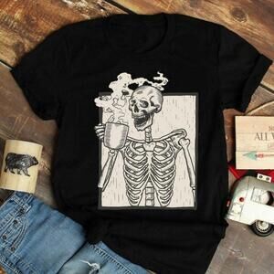 Halloween Coffee Drinking Skeleton Shirt